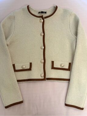 Ann Taylor Cream Cardigan with Brown Trim and Gold Buttons